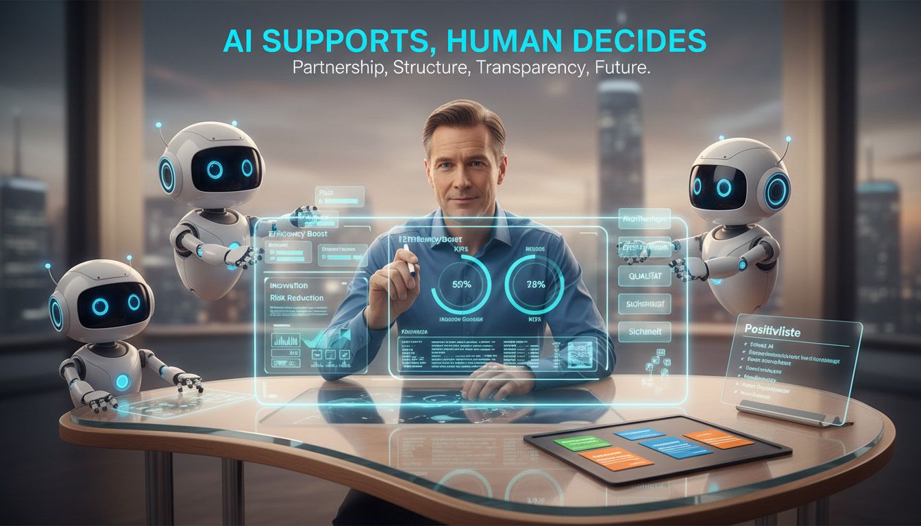 Team in einem modernen Büro, das gemeinsam an digitalen Werkzeugen für KI arbeitet