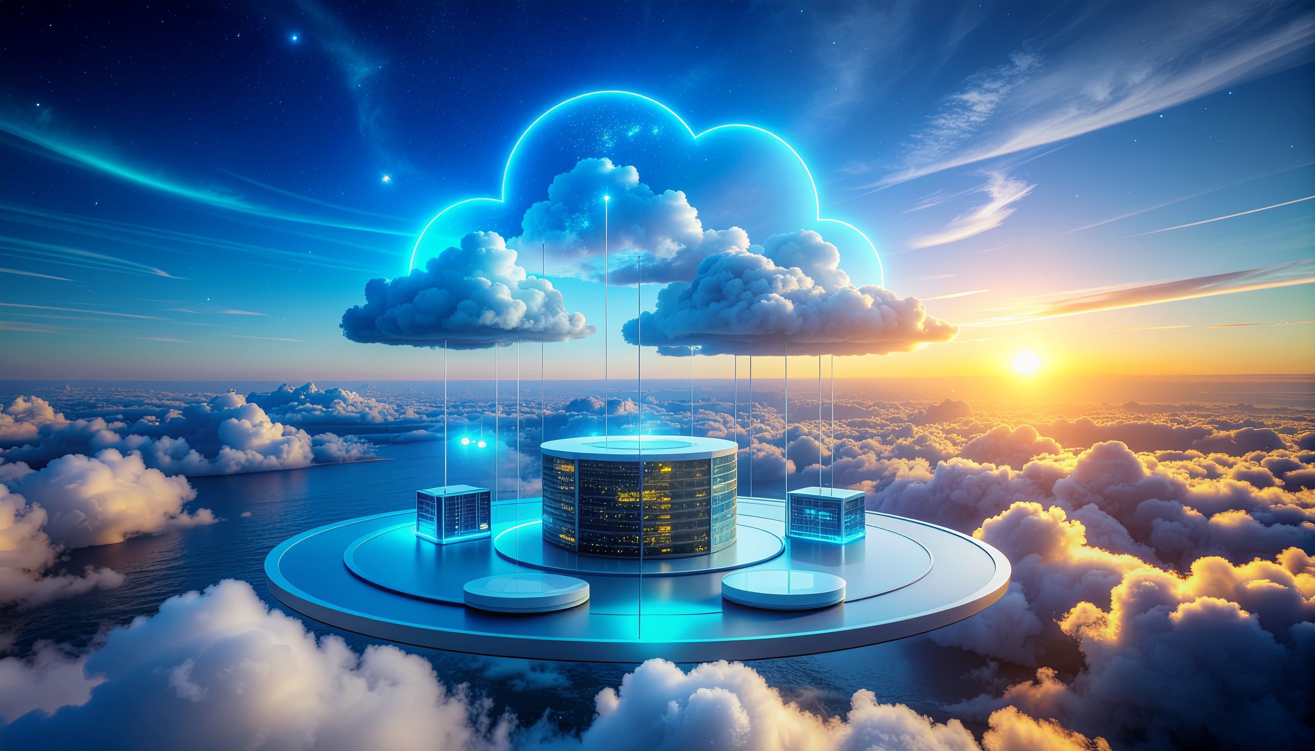 Modernes Büro mit Laptops und Cloud-Symbolen als Illustration für digitale Zusammenarbeit