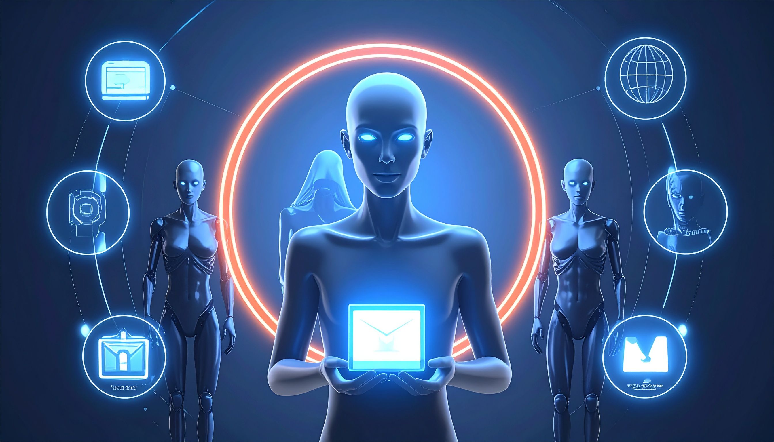 Symbolgrafik zu Cybersicherheit mit KI-Elementen und vernetzten Datenpunkten