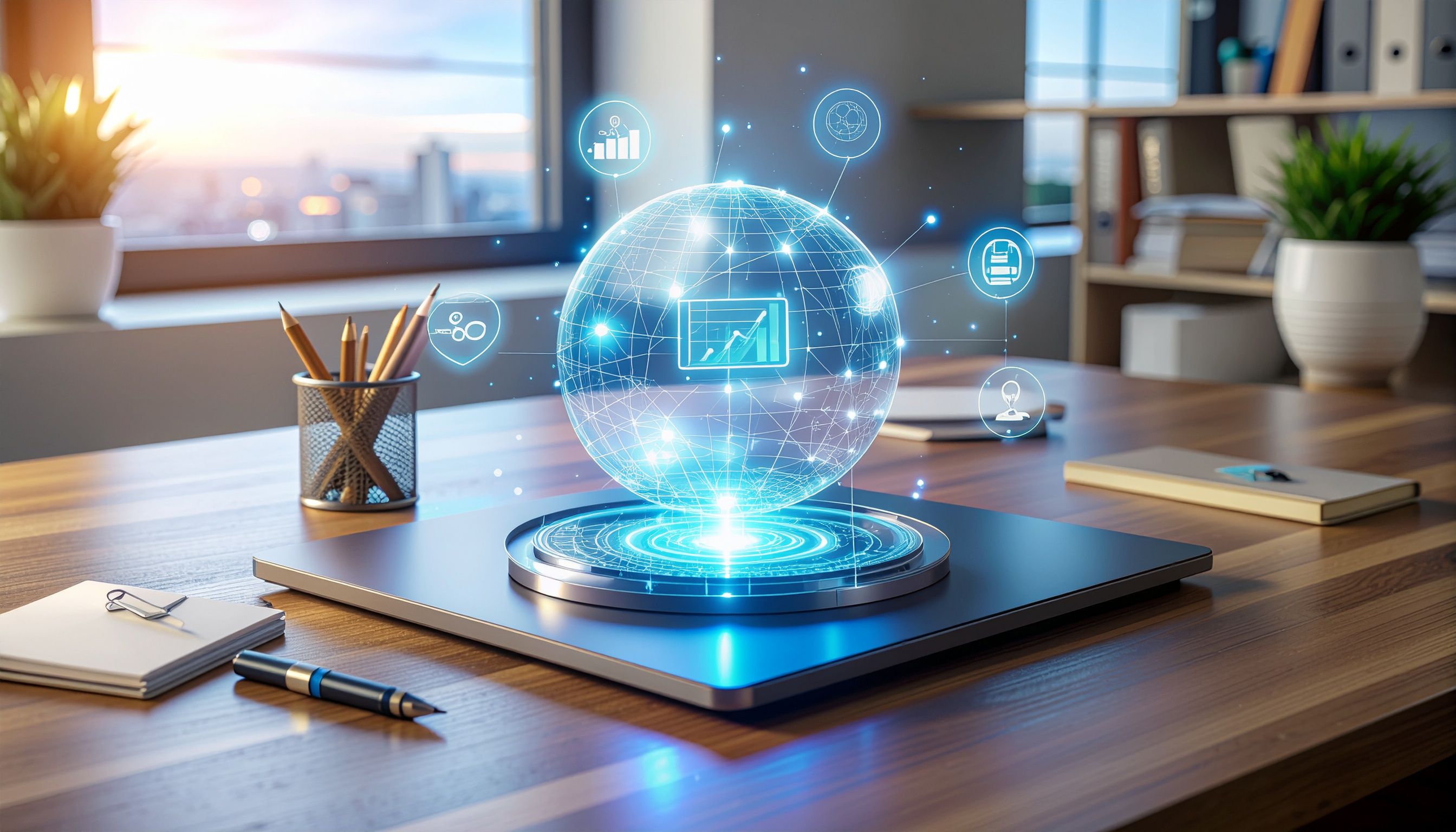 Moderner Arbeitsplatz mit digitalen Tools, Diagrammen und Laptop in neutralem Büro