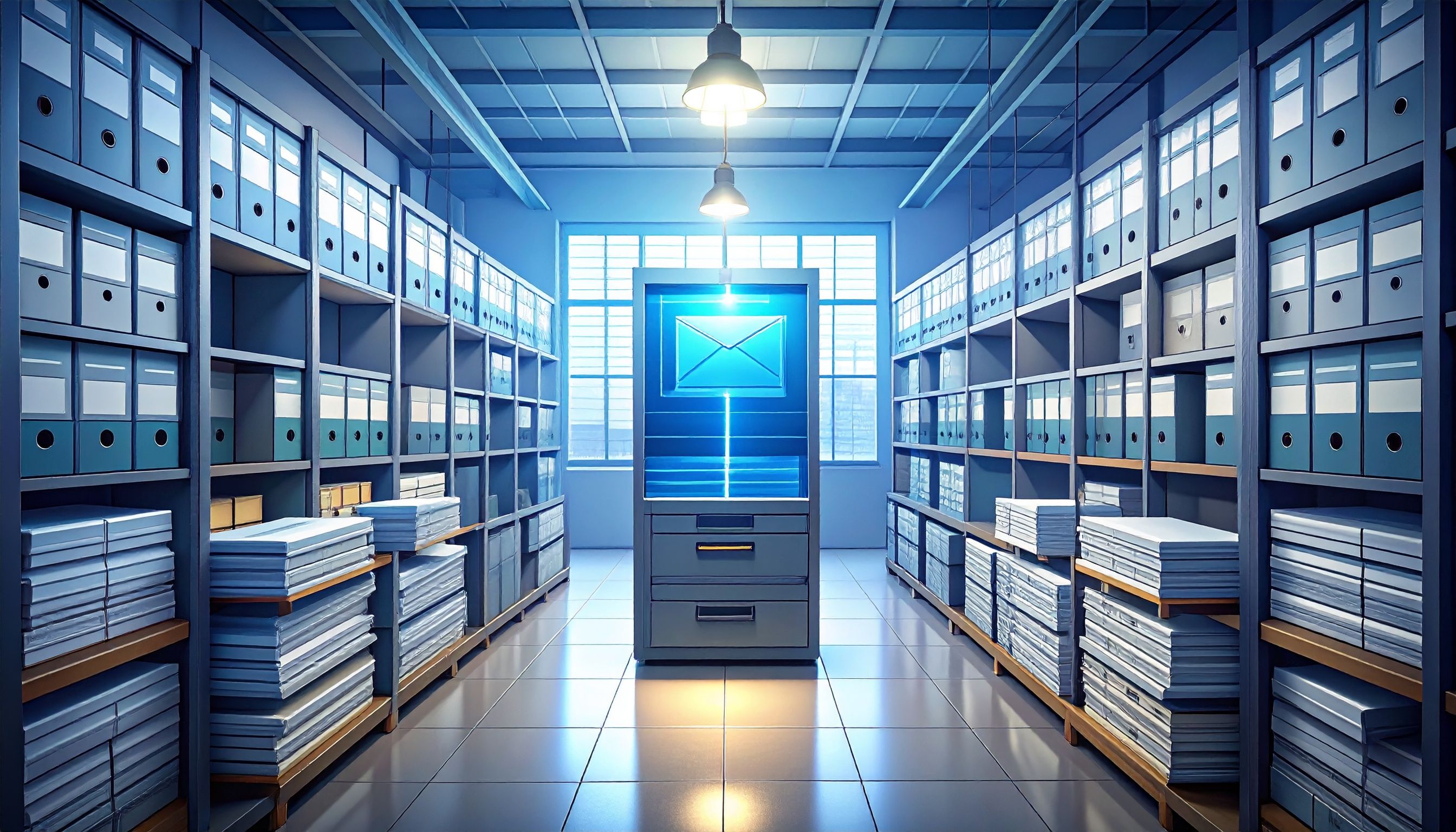 Illustration eines digitalen Archivs mit gesicherten E-Mail-Daten in einer modernen IT-Infrastruktur