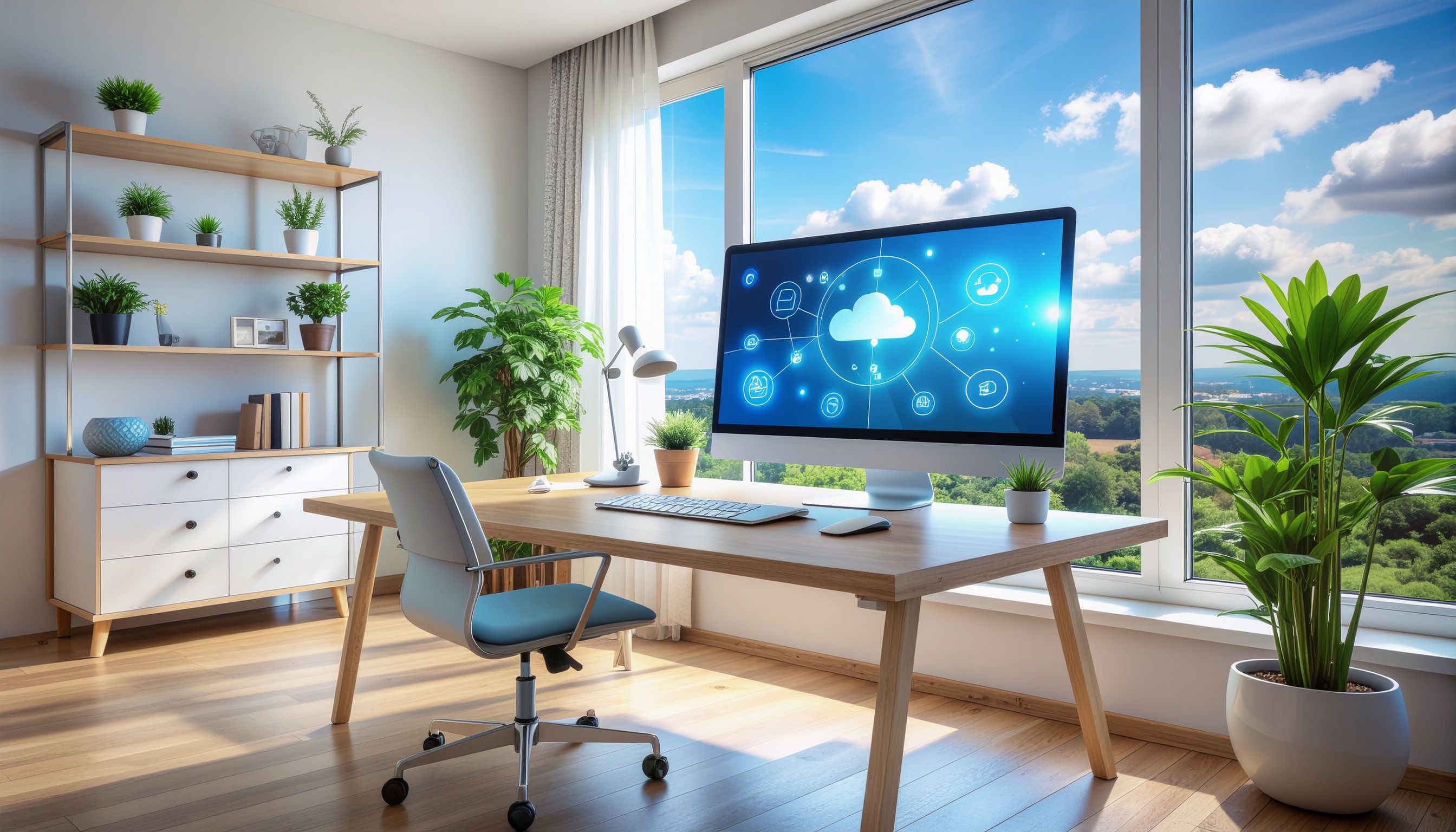 Modernes Homeoffice-Setup mit Laptop, Monitor und ergonomischem Arbeitsplatz
