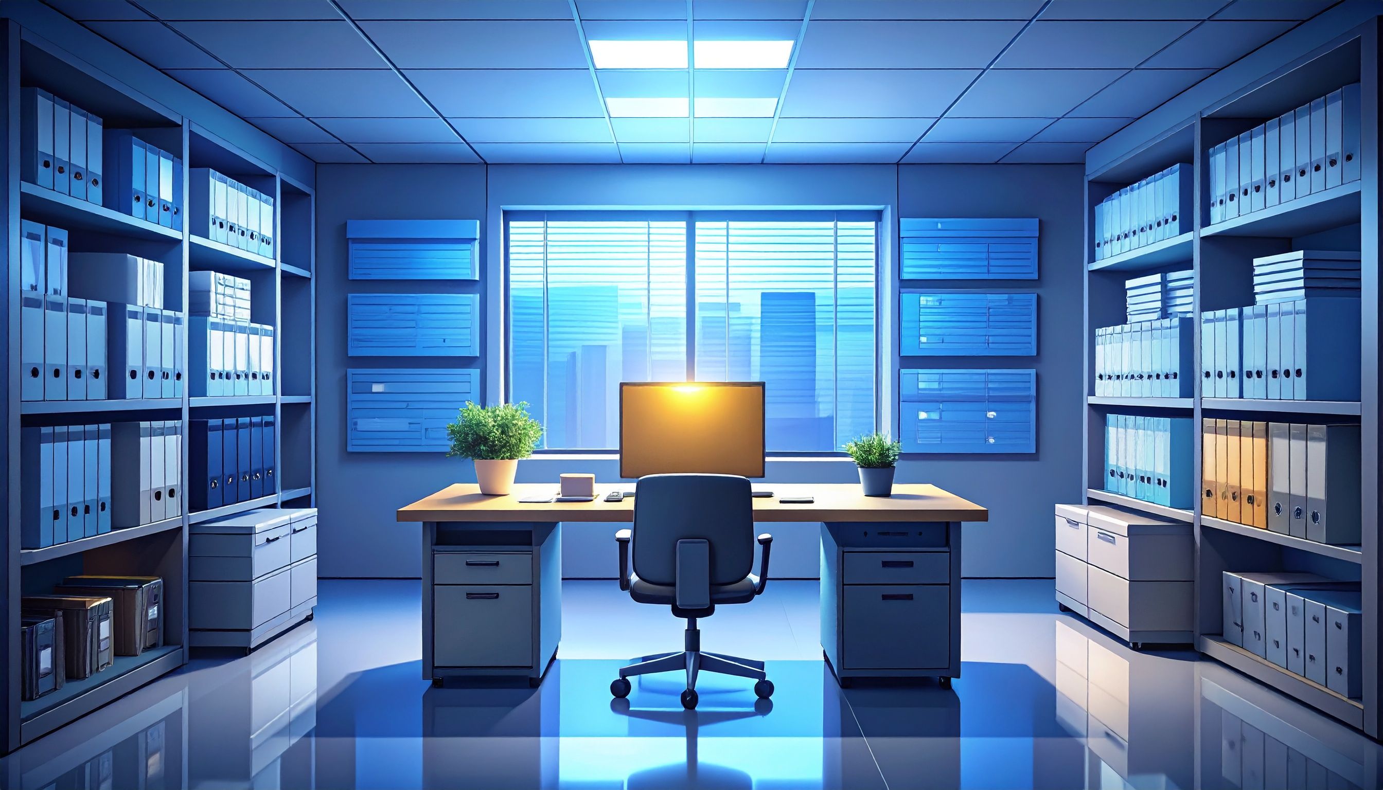 Symbolisches Bild einer strukturierten Dokumentablage und IT-Dokumentation in einem modernen Büro