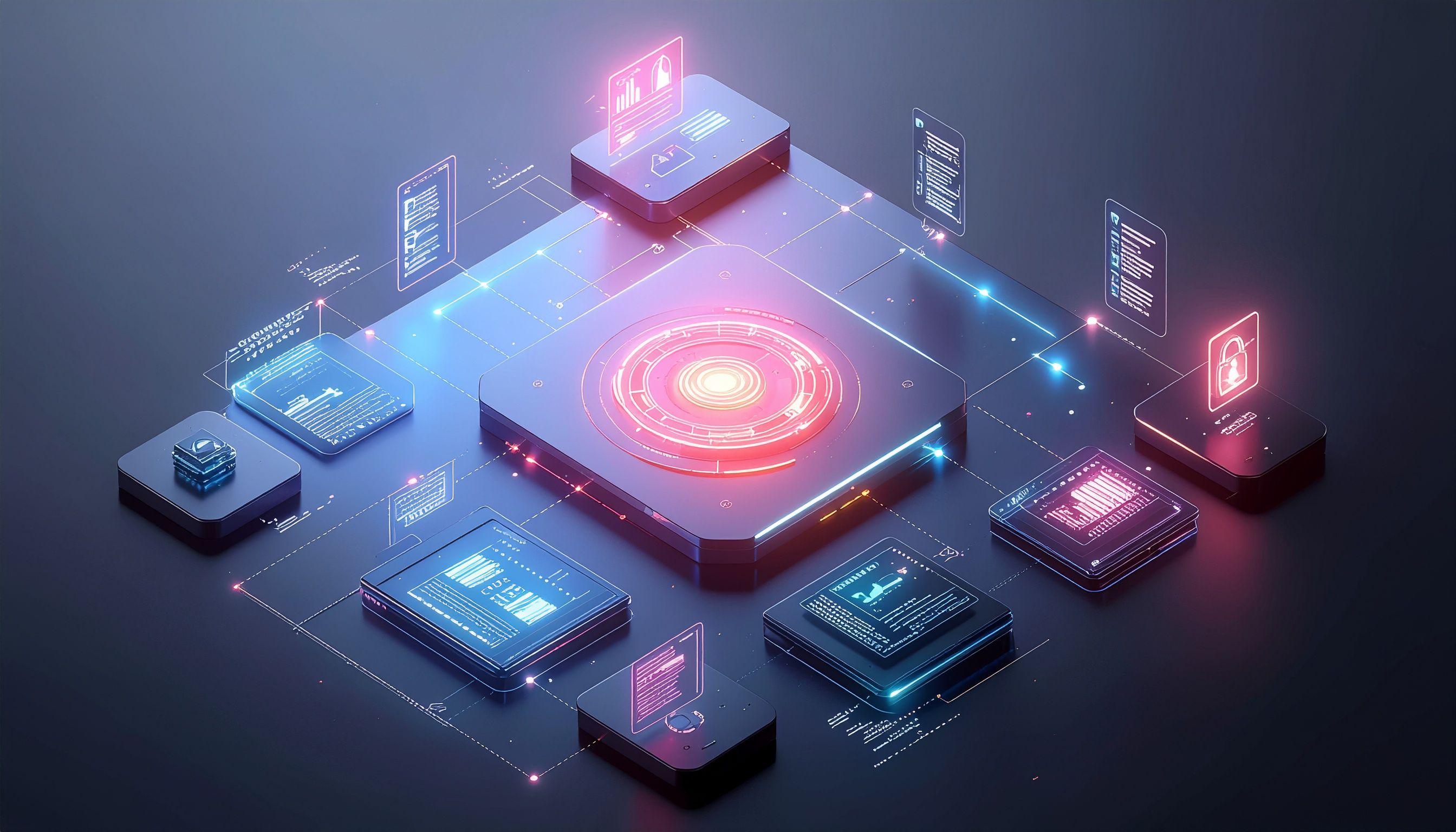 Moderner Arbeitsplatz mit Cloud-Tools, Dashboard und Sicherheitssymbolen