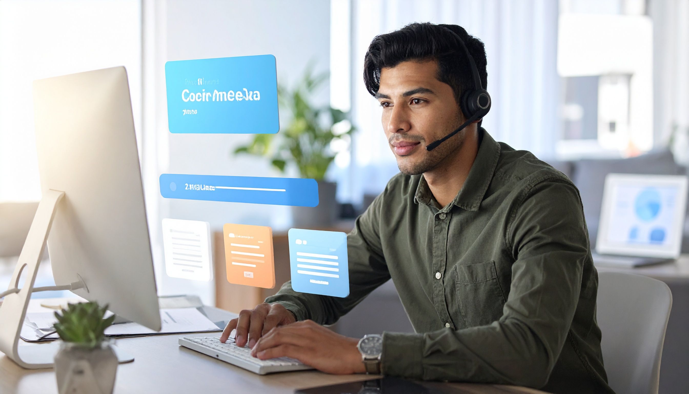 Symbolbild eines automatisierten KI-gestützten Kundenservice-Workflows mit Dashboard und Support-Icons