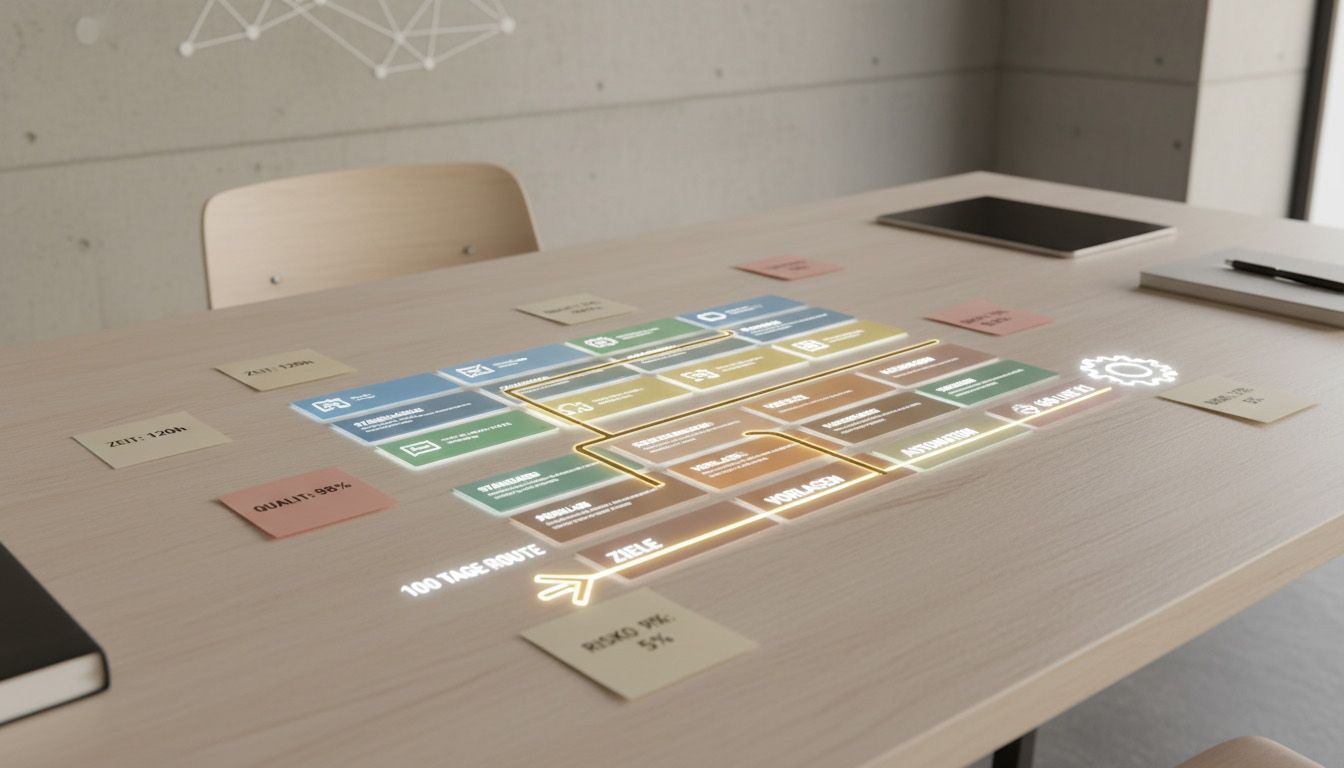 Geschäftsführung betrachtet Daten und Prozessdiagramme auf einem Bildschirm