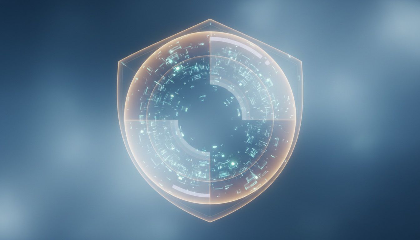 Abstrakte Illustration eines digitalen Netzwerks mit Schutzschildsymbol für Daten- und KI-Sicherheit