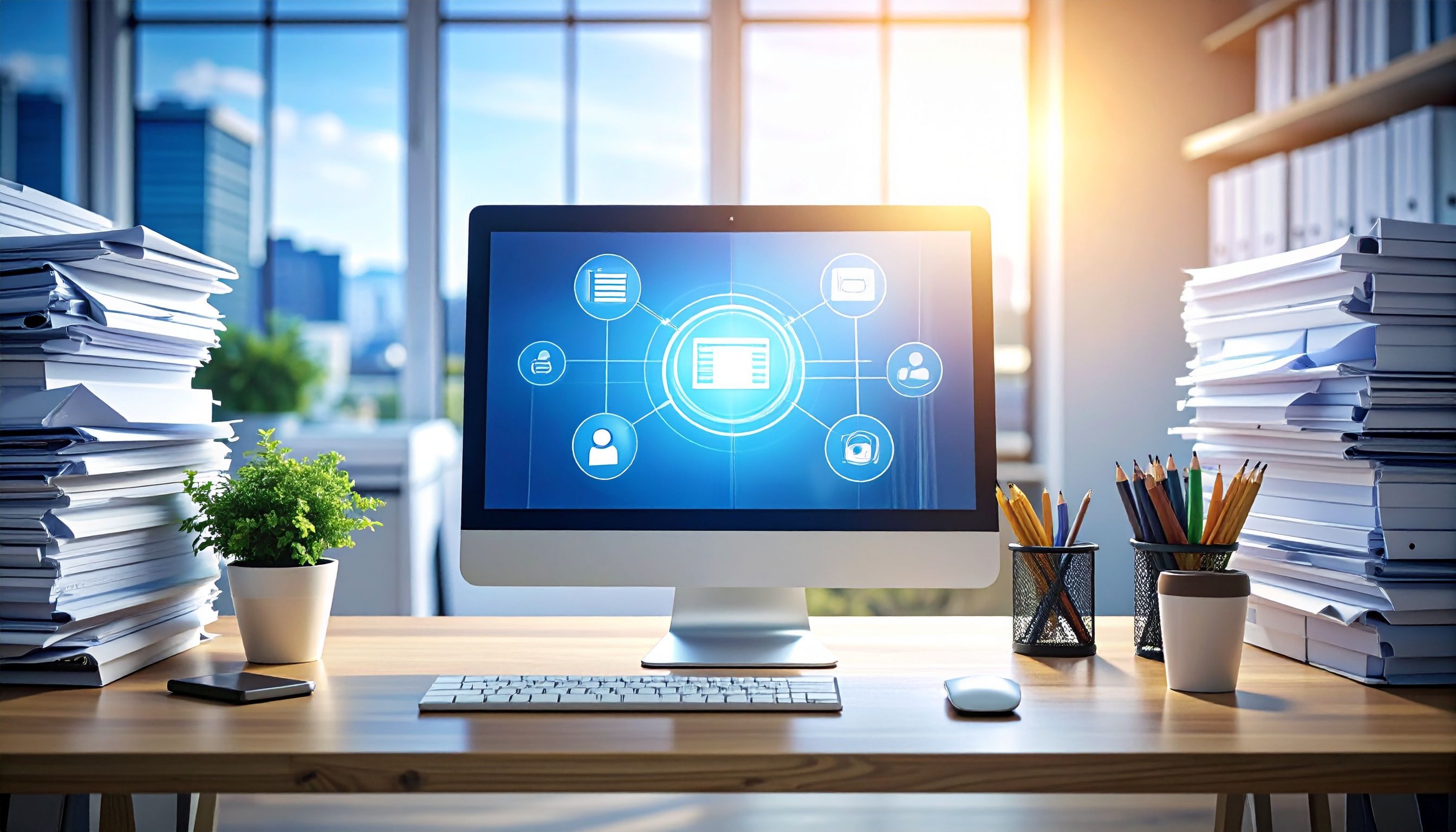 Schreibtisch mit Papierstapel, daneben digitaler Arbeitsplatz mit Laptop und klar strukturiertem Workflow