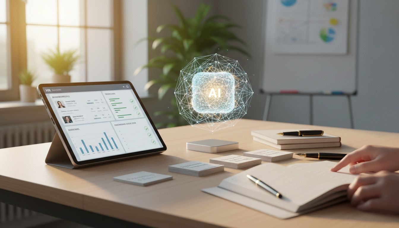 Arbeitsplatz mit Laptop, Dokumenten und digitalem Workflow-Schema zum HR-Einsatz von KI