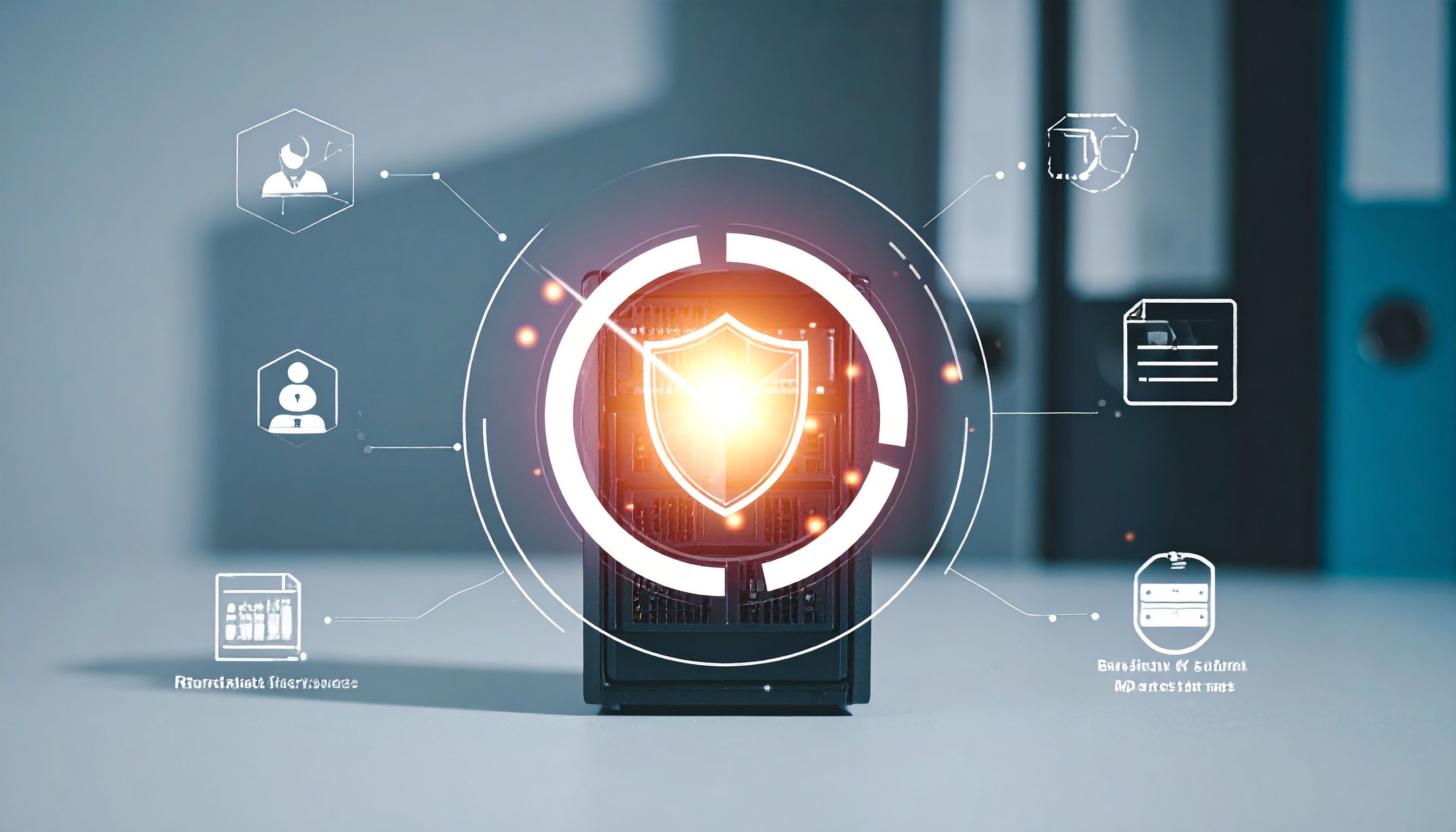 Symbolische Darstellung eines digitalen Schutzschilds vor einem verschlüsselten Computersystem