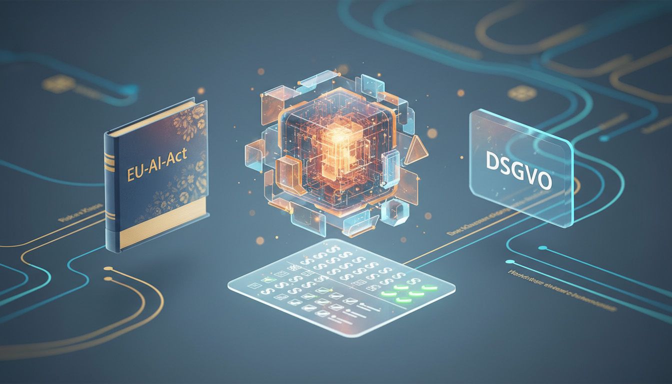 Symbolische Darstellung von Gesetzesbüchern und digitaler KI-Illustration