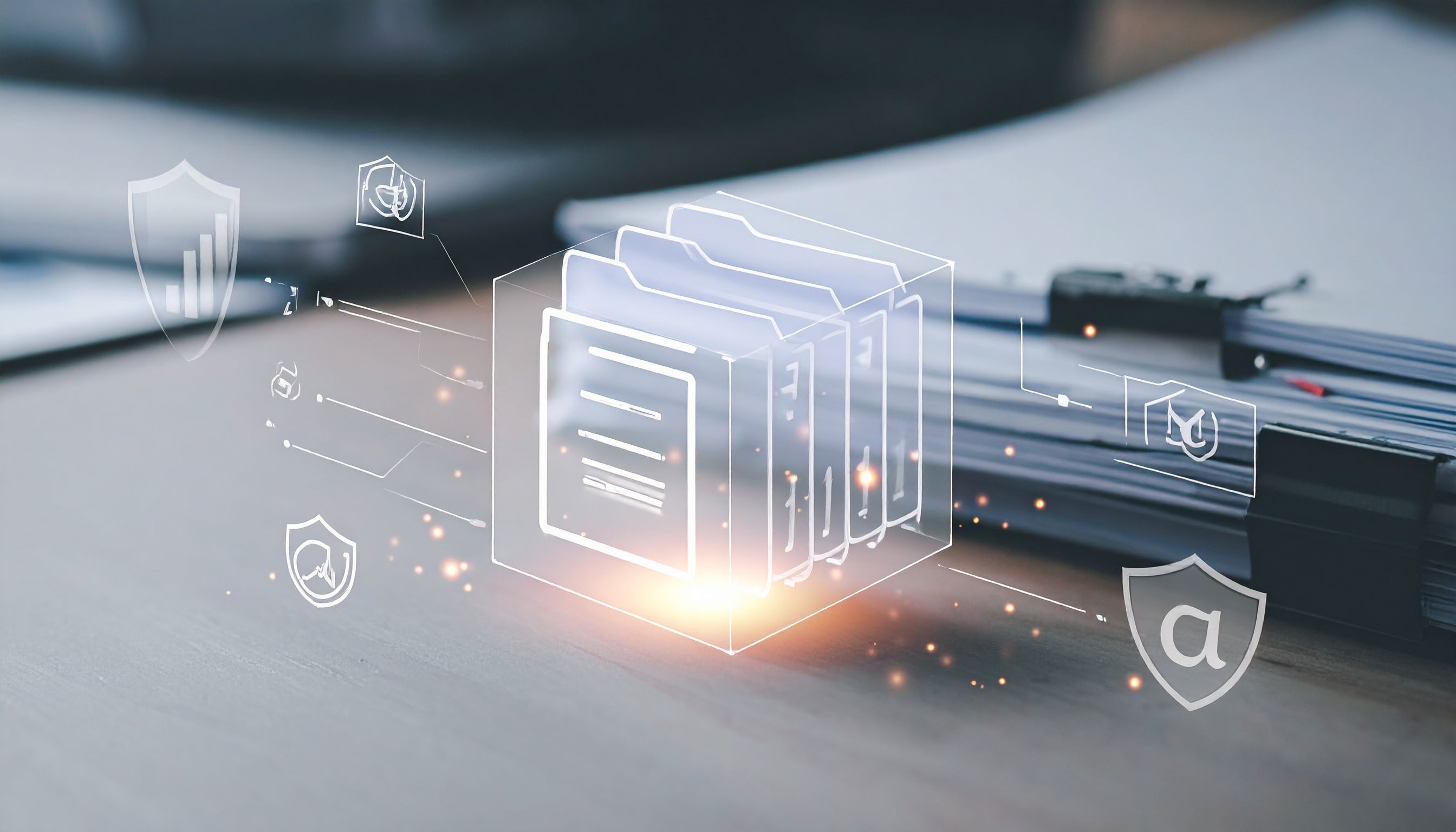 Symbolhafte Darstellung von E‑Mail‑Archivierung mit digitalen Akten und gesicherten Dokumenten